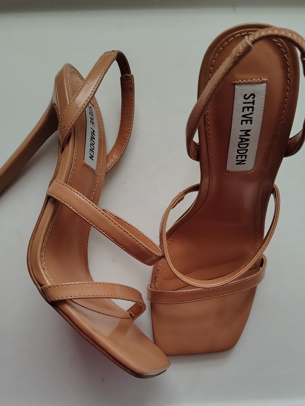 Steve Madden Nude Strappy High Heels 7M Minimalist 5 Inch Faux Patent Leather